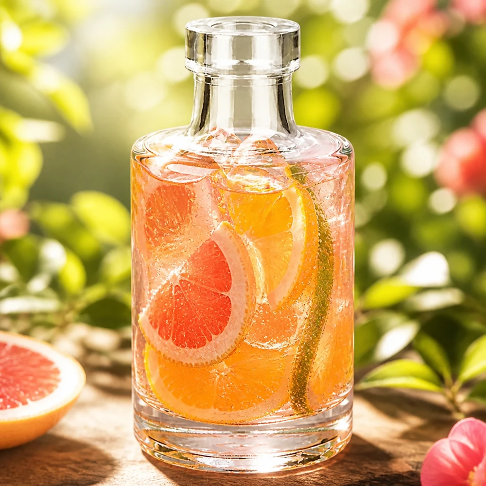 100ml Glasflasche "Marie" ohne Verschluss UNiTWIST 100ml Glasflasche Marie mit Grapefruit-Getränk und Eiswürfeln in natürlicher Gartenumgebung mit Früchten