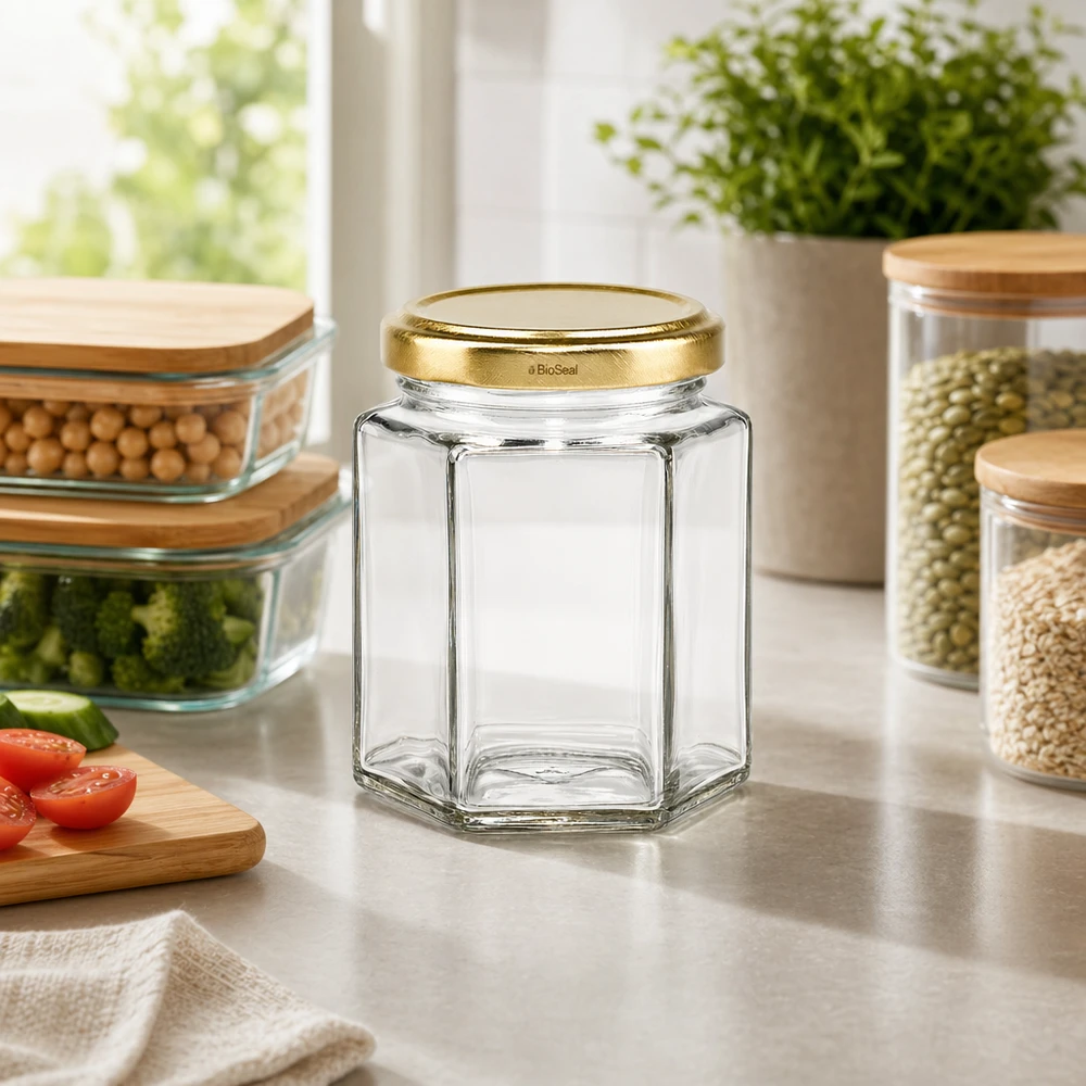 196ml Hexaglas mit BioSeal Deckel gold UNiTWIST Leeres UNiTWIST Hexa196 Vorratsglas mit TO58 BioSeal Golddeckel auf Küchenarbeitsplatte zwischen gefüllten Vorratsbehält