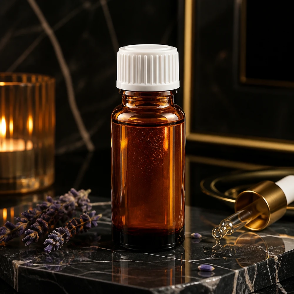 Apothekenflasche braun 10ml Tropfverschluss weiß 0.8mm Standard Kleine braune ApoGlas Tropfflasche 10ml mit 0,9mm Öffnung und Pipette auf Marmor