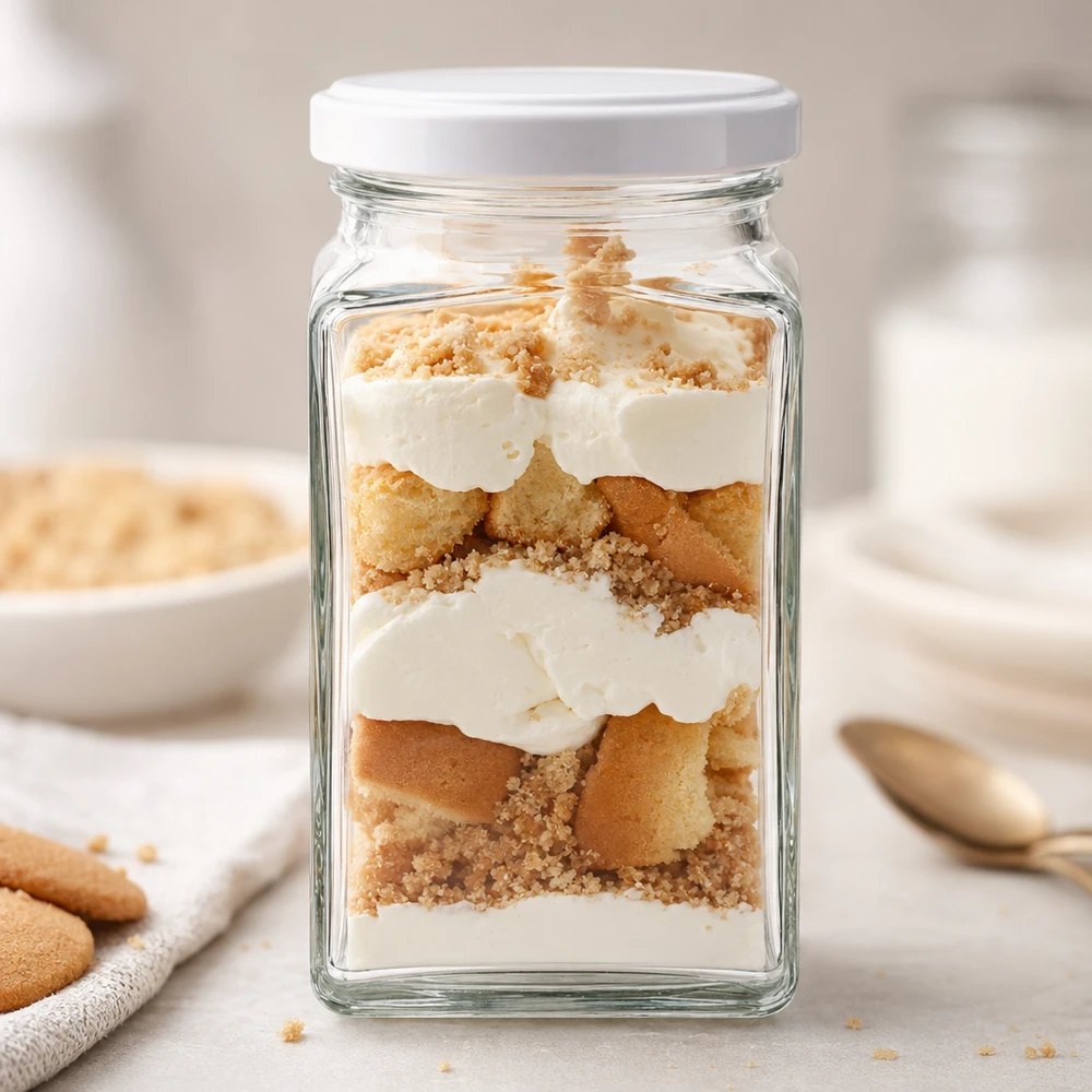 260ml Tetraglas BasicSeal weiß als Dessertglas mit Tiramisu Schichtdessert gefüllt neben Löffelbiskuits Küchentisch