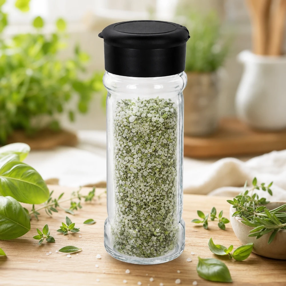 Salz-/Gewürzglas 100ml mit Streuer schwarz Gewürzglas 100ml gefüllt mit grünem Kräutersalz und schwarzem Streueraufsatz zwischen frischen Kräutern
