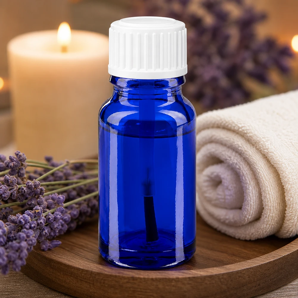 UV-Schutz Glasflasche 10ml in Kobaltblau mit weißem Verschluss für ätherische Öle