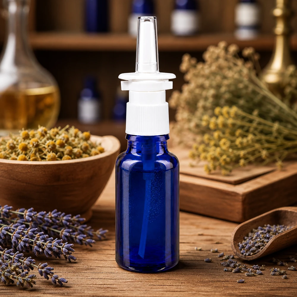 Blaue ApoGlas Nasensprayflasche 20ml mit transparenter Sprühdüse zwischen Lavendel und Kräutern