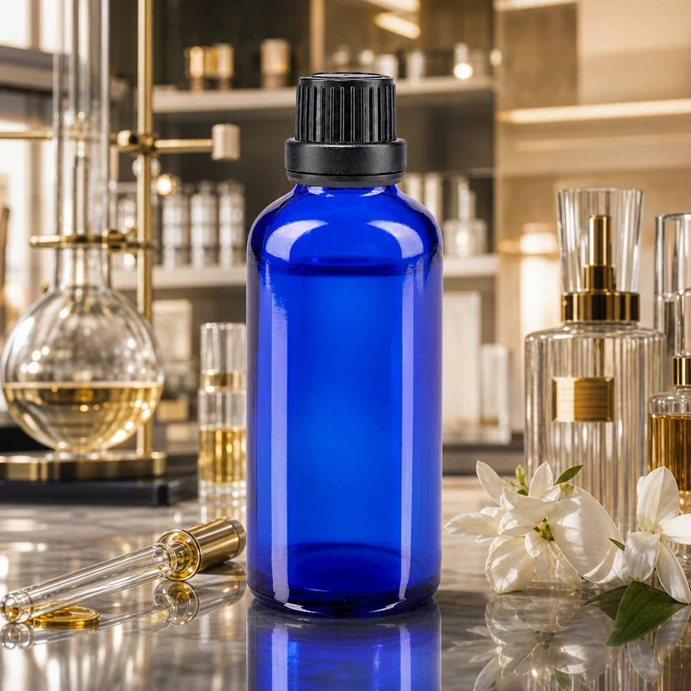Apothekenflasche blau 50ml Schraubverschluss schwarz Dichteinlage Originalitätsverschluss Kobaltblaue Apothekerflasche 50ml neben Jasminblüten und Parfumflakons