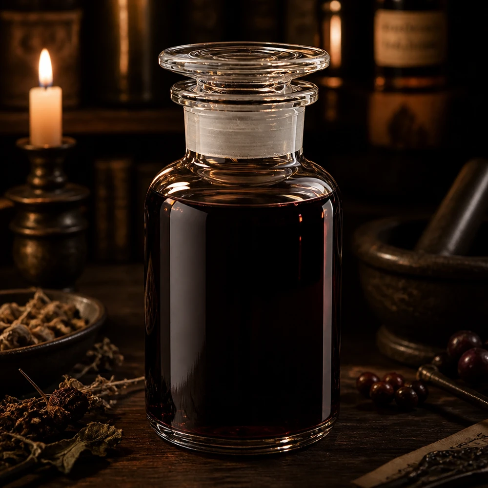 Botanische Tinktur in 250ml Weithals Klarglasflasche mit Glasstopfen und Kräuterdekoration