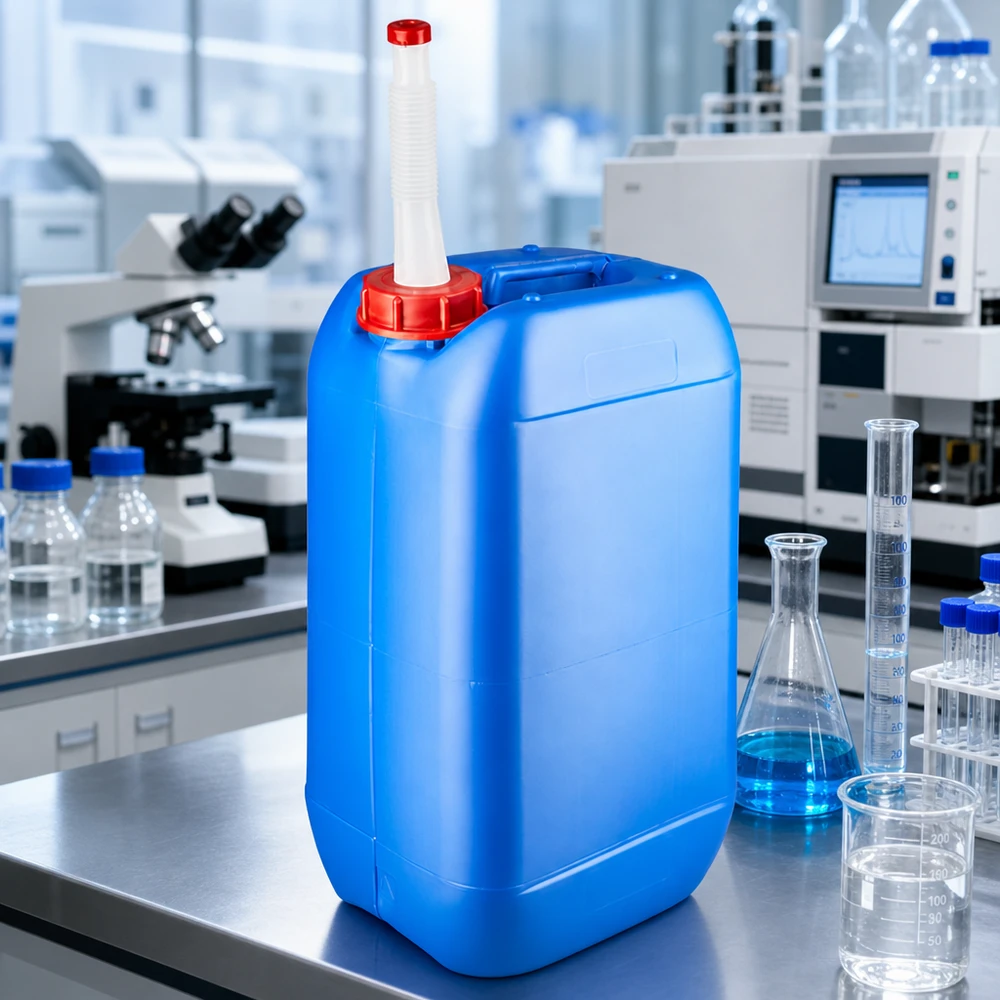 Kanister 15 Liter blau mit Auslaufrohr Flex Rechteckiger 15 Liter Flüssigkeitsbehälter blau mit flexiblem Ausgießer im Laborumfeld