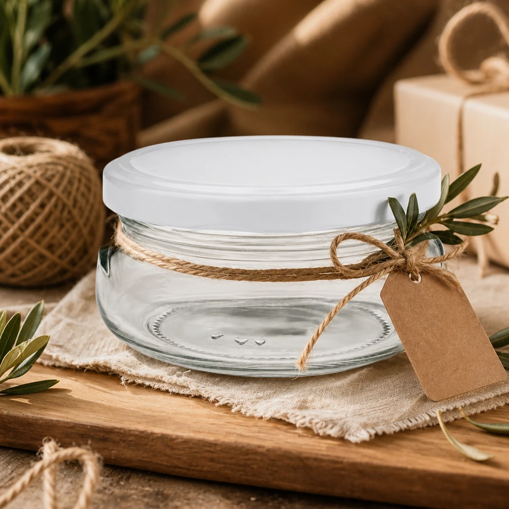 120ml Terrinenglas mit BasicSeal Deckel weiß UNiTWIST Leeres 120ml Terrinenglas mit weißem Deckel dekorativ arrangiert mit Juteschnur und Geschenkanhänger im natürlichen Stil