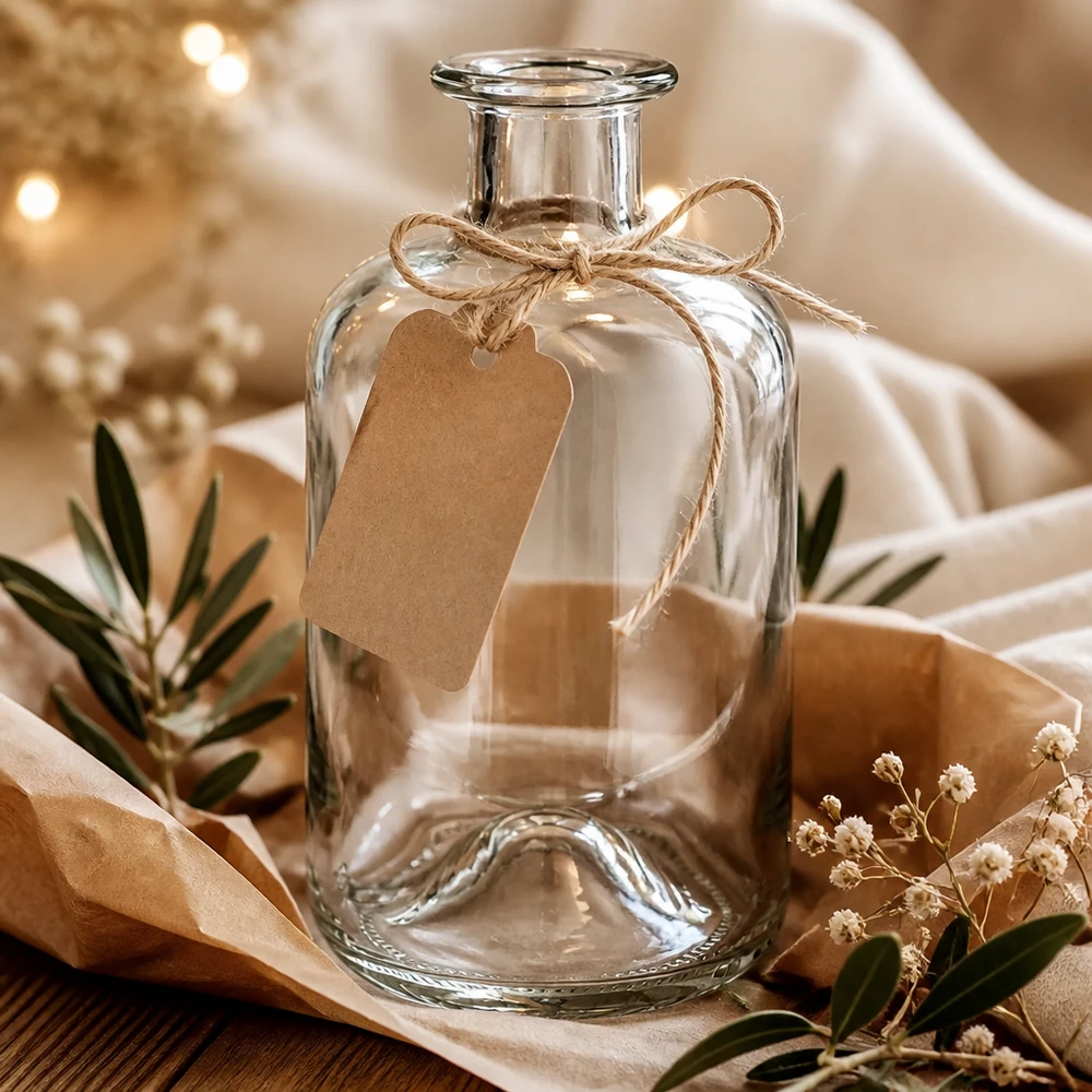 Apothekerflasche Luna 500ml transparent mit Kraftpapier-Anhänger als Geschenkverpackung zwischen getrockneten Blumen