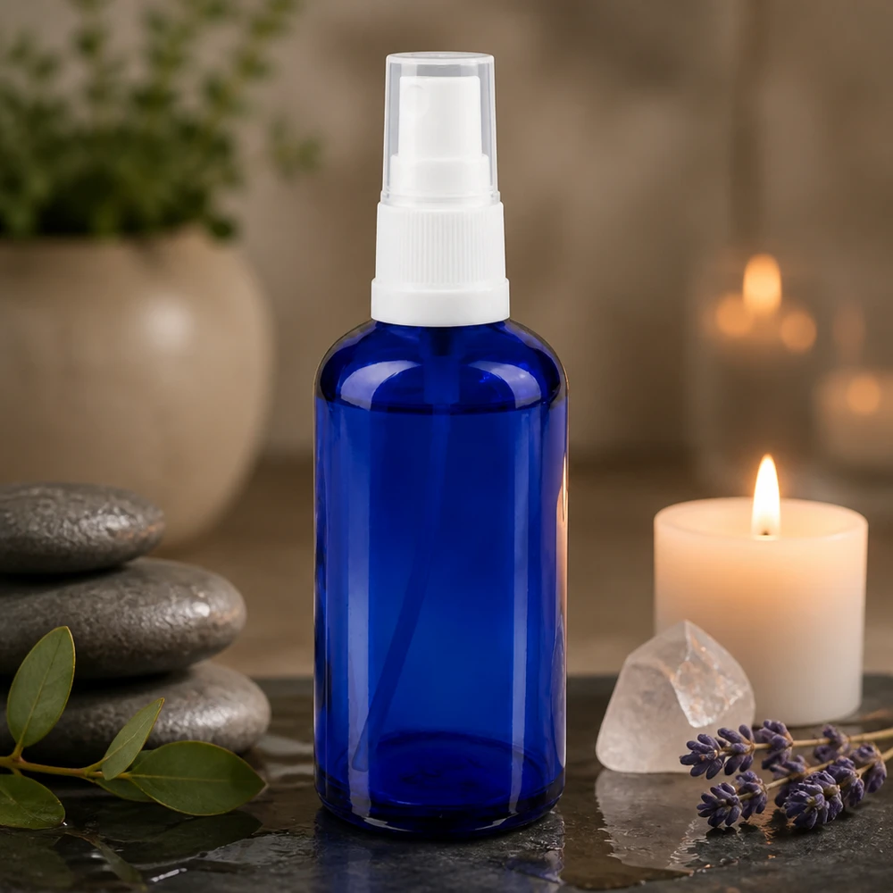 Apothekenflasche blau 50ml Sprayaufsatz weiß Blaue Glassprayflasche 50ml mit weißem Pumpzerstäuber im Wellness Spa Setting