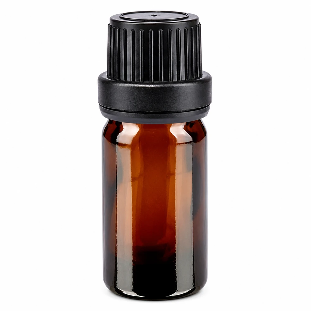 Kleine braune Glasflasche 5ml mit schwarzem Schraubverschluss und Kindersicherung