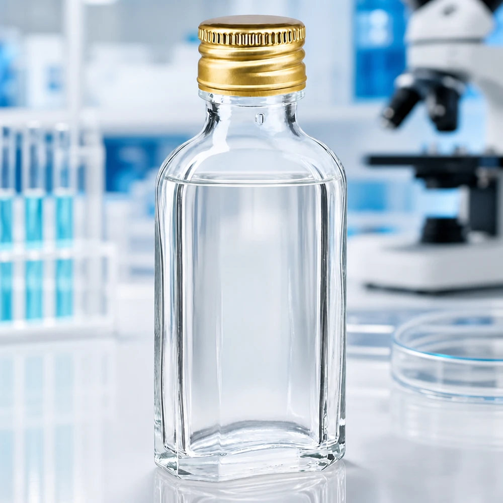 50 ml Meplat klar mit Alu Verschluss gold PP22 Kleine Klarglasflasche 50ml eckige Meplat Form mit goldenem PP22 Verschluss vor Mikroskop