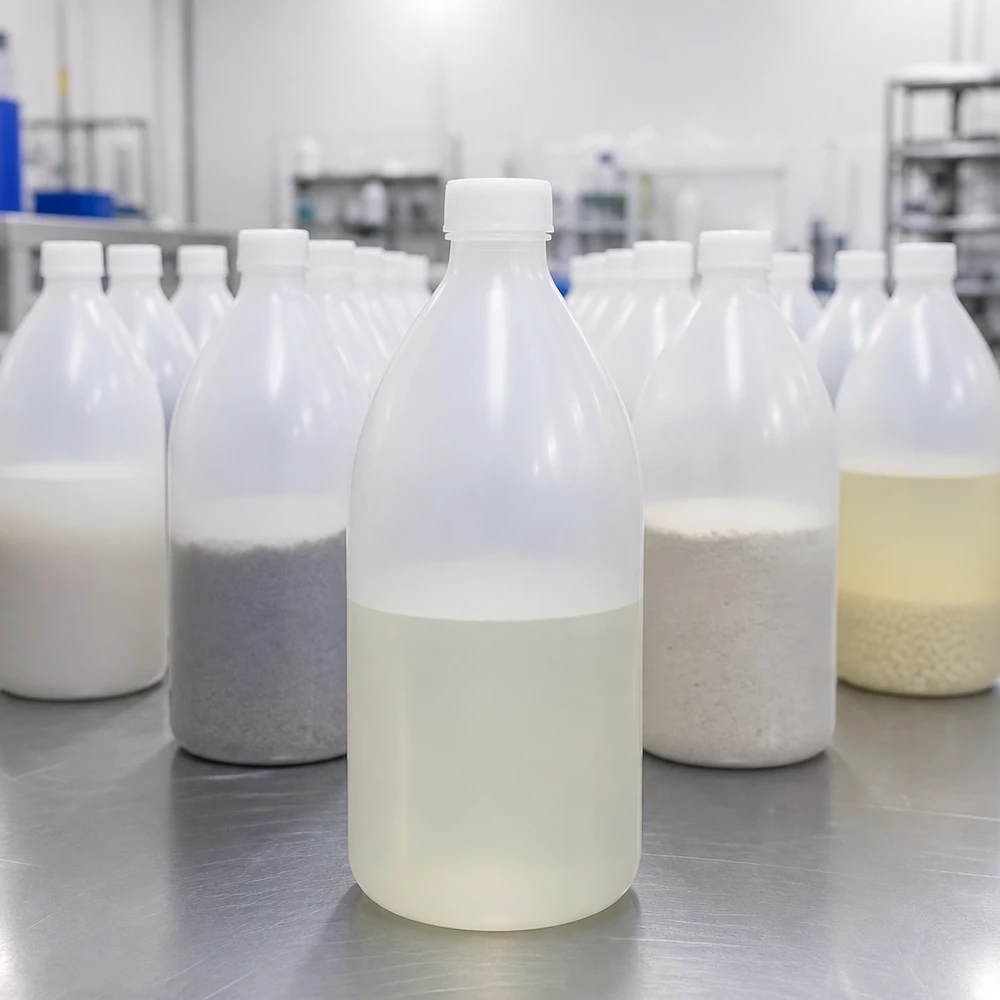 Transparente 1000ml Enghals Laborflasche mit gelblicher Suspension im Vordergrund