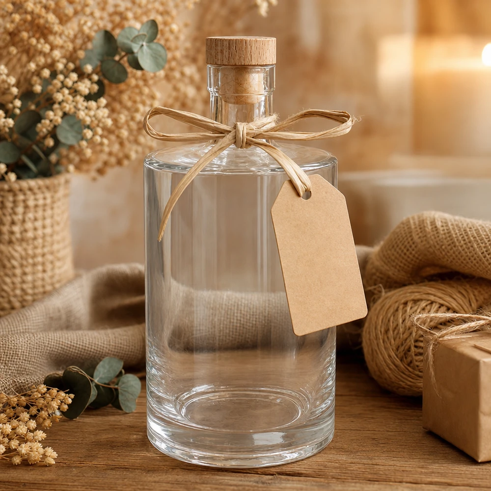 700ml Glasflasche "Galileo" mit Holzgriffkorken UNiTWIST® 700ml Glasflasche Marie leer mit dekorativem Geschenkband und Anhänger in natürlicher Ambiente-Dekoration
