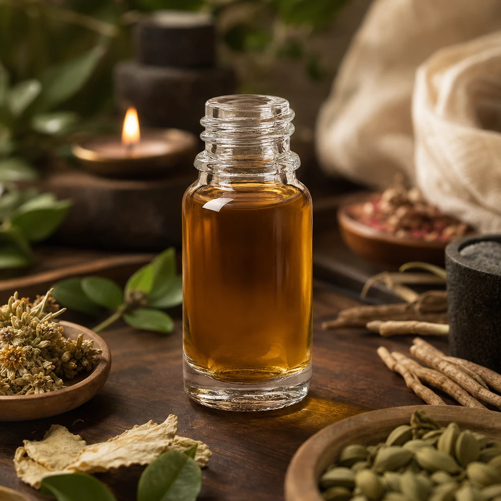 Zylindrische 10ml Klarglasflasche UNiTWIST mit warmem Naturöl in aromatherapeutischer Umgebung