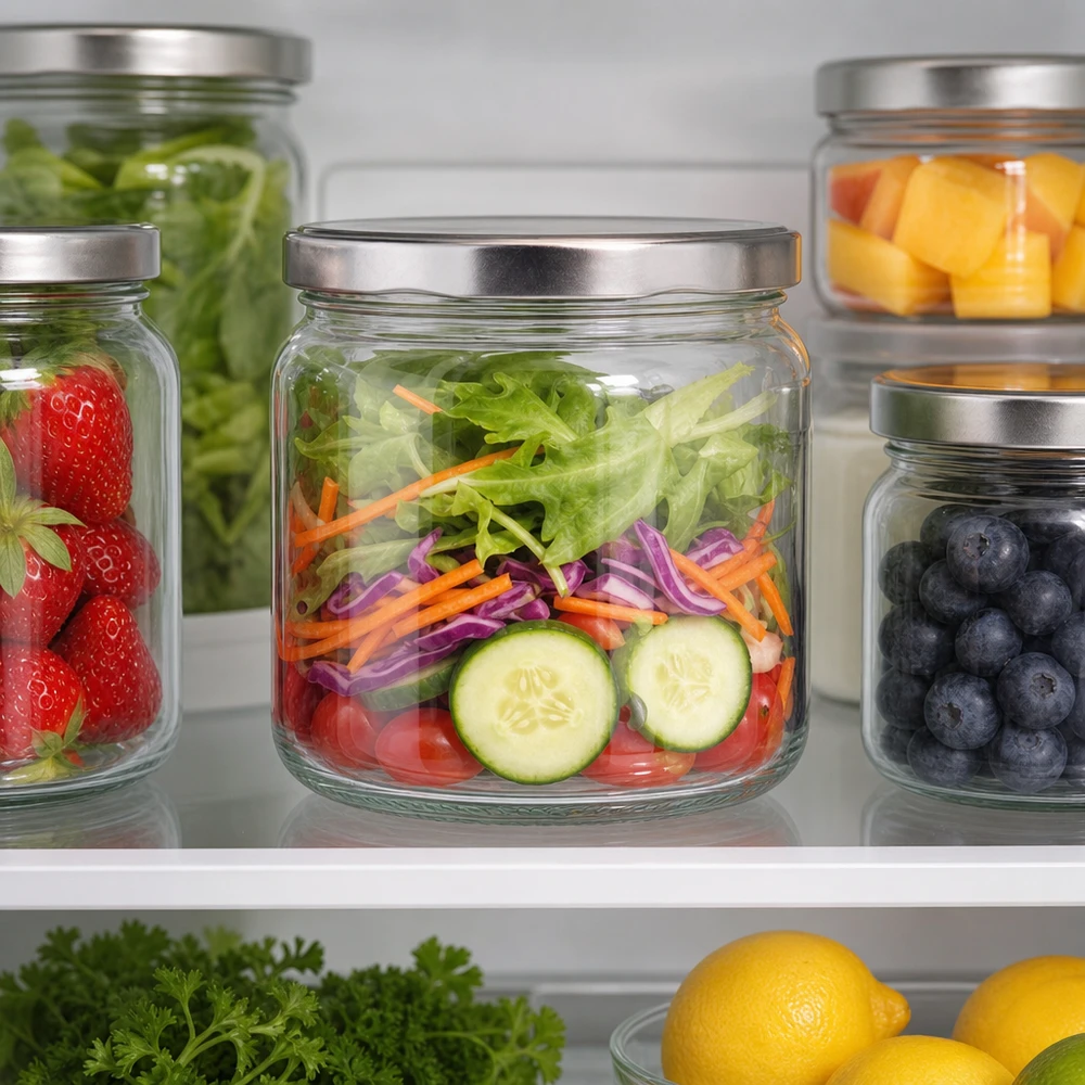 408ml Rundglas mit BasicSeal Deckel silber UNiTWIST 408ml Rundglas BasicSeal silber im Kühlschrank mit Salat gefüllt Meal Prep Container Vorratsbehälter Küche