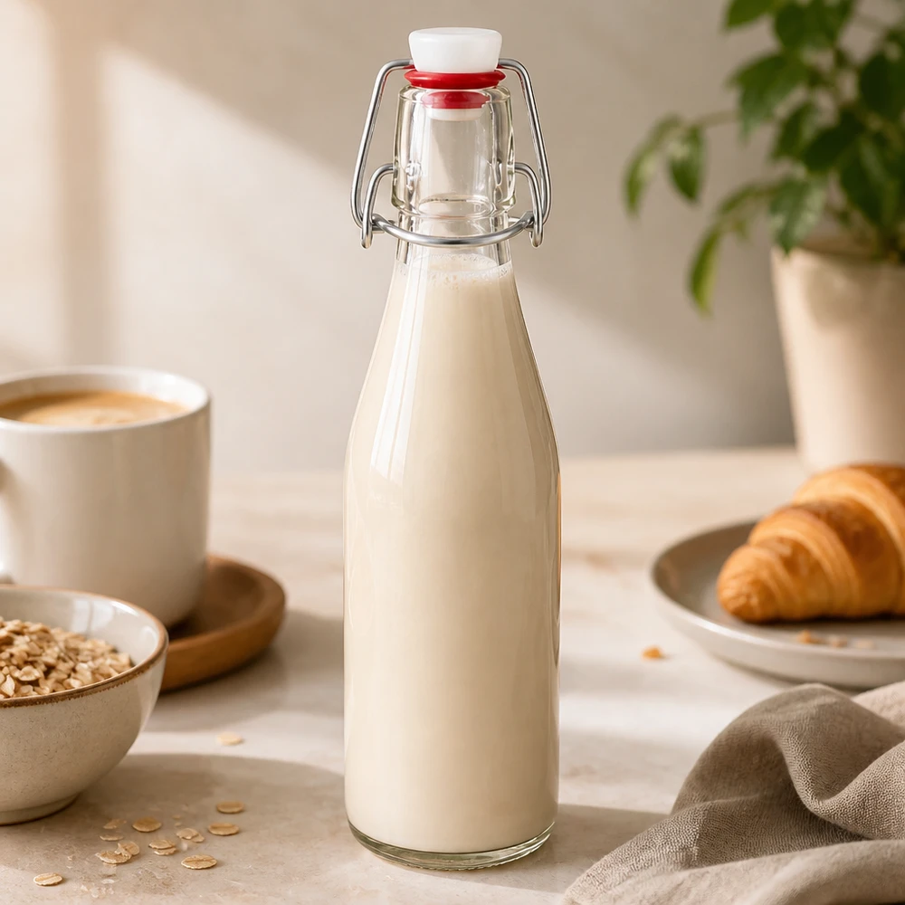 250ml Glasflasche und Bügelverschluss Porzellan UNiTWIST Glasflasche 250ml mit Bügelverschluss gefüllt mit Milch neben Haferflocken, Kaffeetasse und Croissant