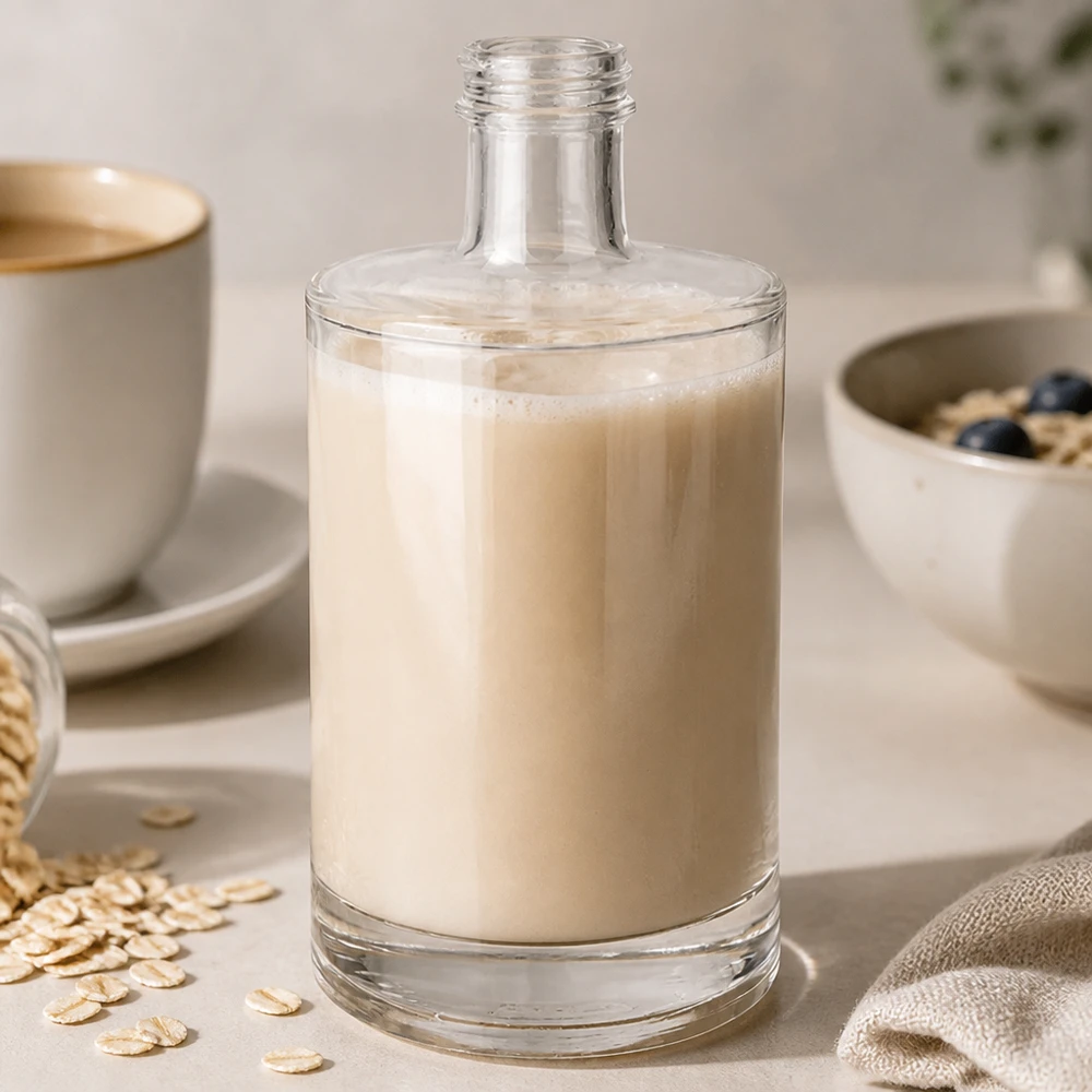 500ml Glasflasche Sam mit Hafermilch befüllt neben Kaffeetasse und Haferflocken für nachhaltigen Alltag