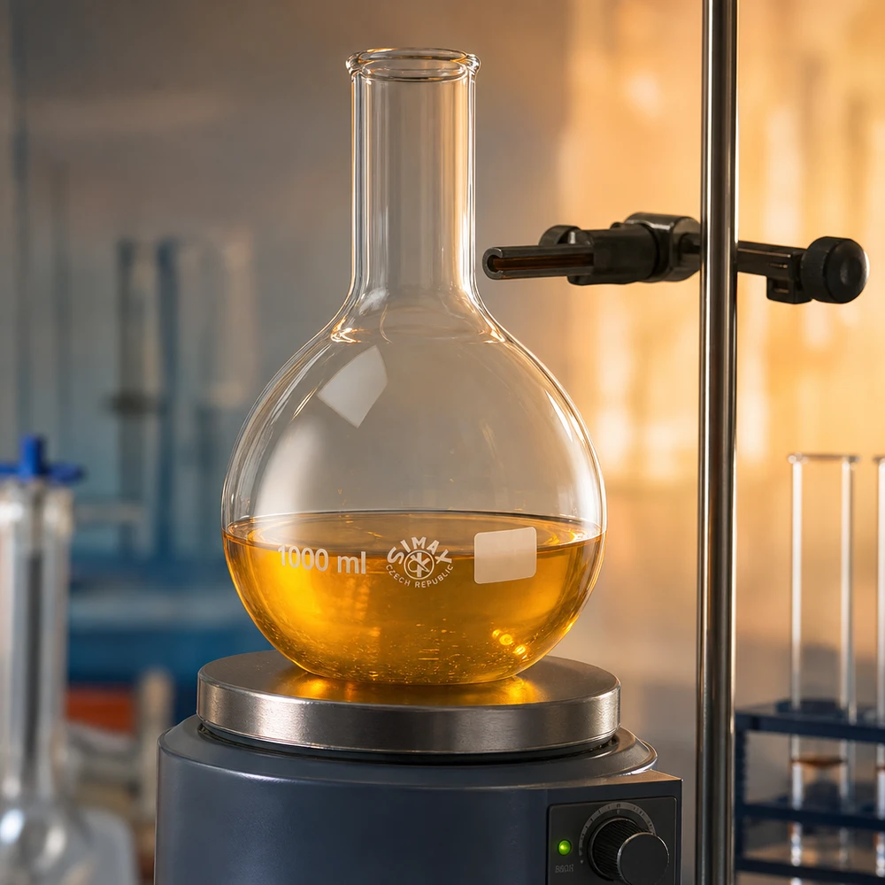 Stehkolben 1000ml Enghals Stehkolben 1000ml Enghals mit Clamp-Halterung am Laborstativ für sichere Prozessführung