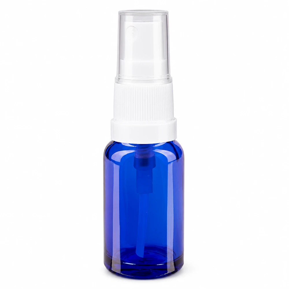 Apothekenflasche blau 10ml Sprayaufsatz weiß Kleine blaue Apothekensprayflasche 10ml aus UV-Schutzglas mit weißem Sprühkopf