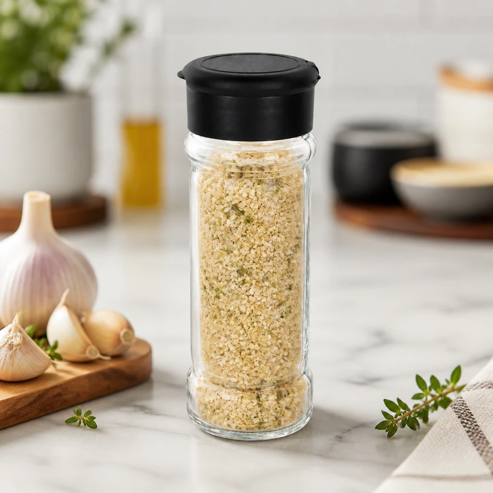 Zylindrisches Salzglas 100ml mit schwarzem Kunststoffdeckel neben frischem Knoblauch