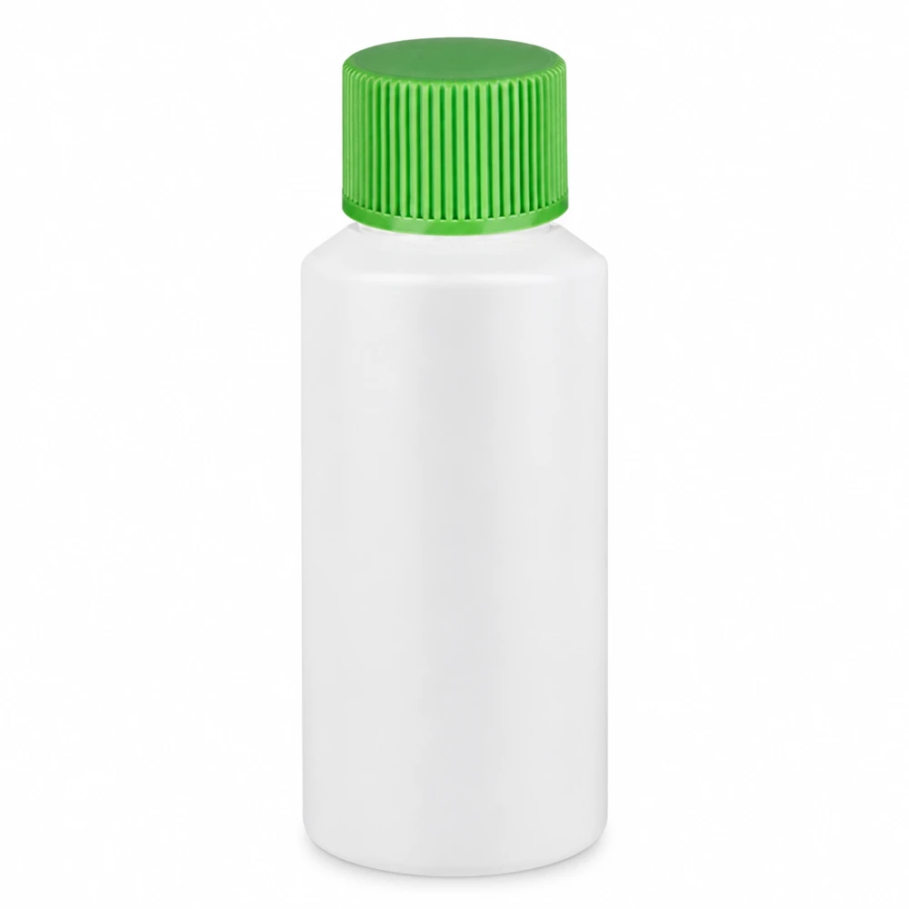 Runde weiße Apothekerflasche 30ml mit grünem Kindersicherheitsverschluss aus HDPE