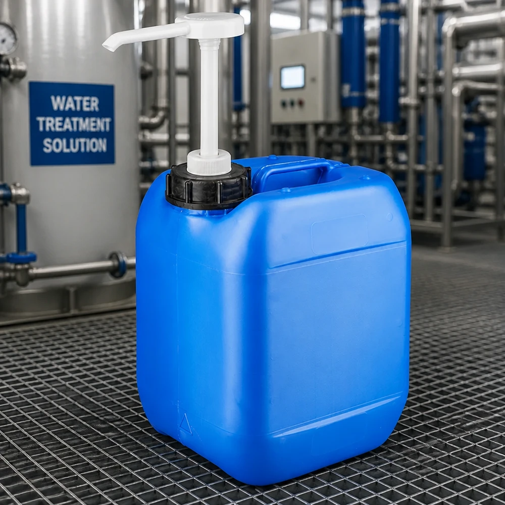 5L Industriekanister blau mit weißer Pumpe auf Gitterrostboden im Technikraum