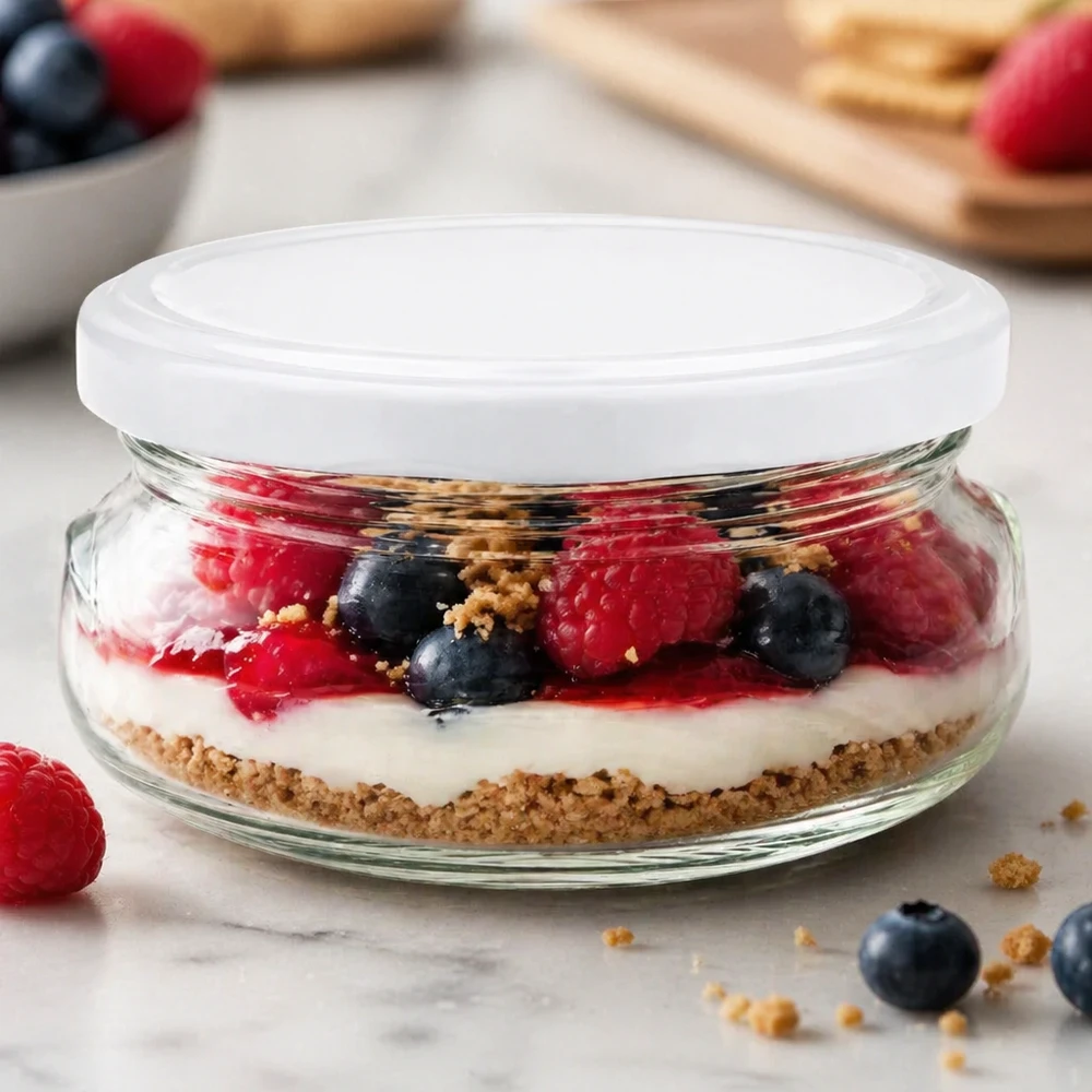 120ml Terrinenglas mit BasicSeal Deckel weiß UNiTWIST 120ml Terrinenglas mit weißem Deckel gefüllt mit Beeren-Dessert und Keksboden auf Marmorplatte