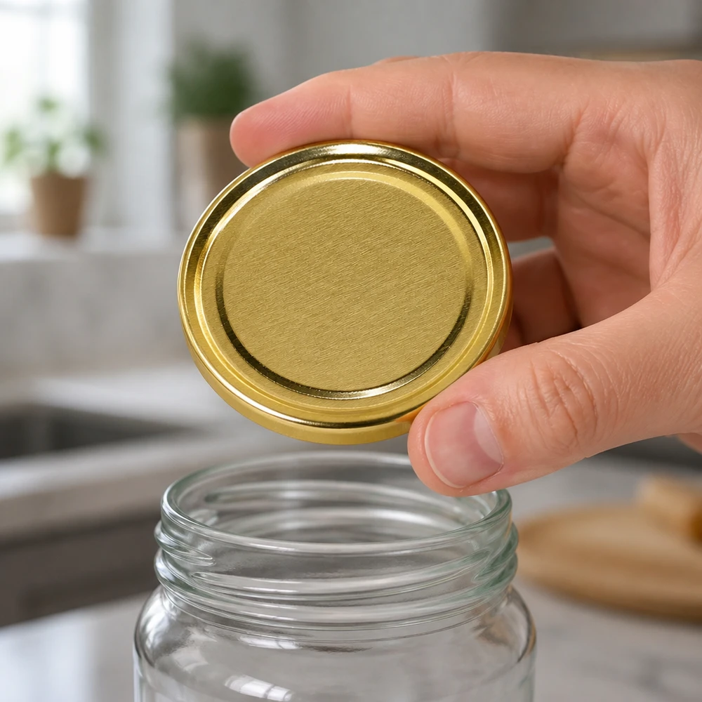 UNiTWIST TO58 gold, BioSeal, BPA-NI, unitemp Hand platziert runden goldfarbenen Metalldeckel auf transparentem Schraubglas UNiTWIST TO58