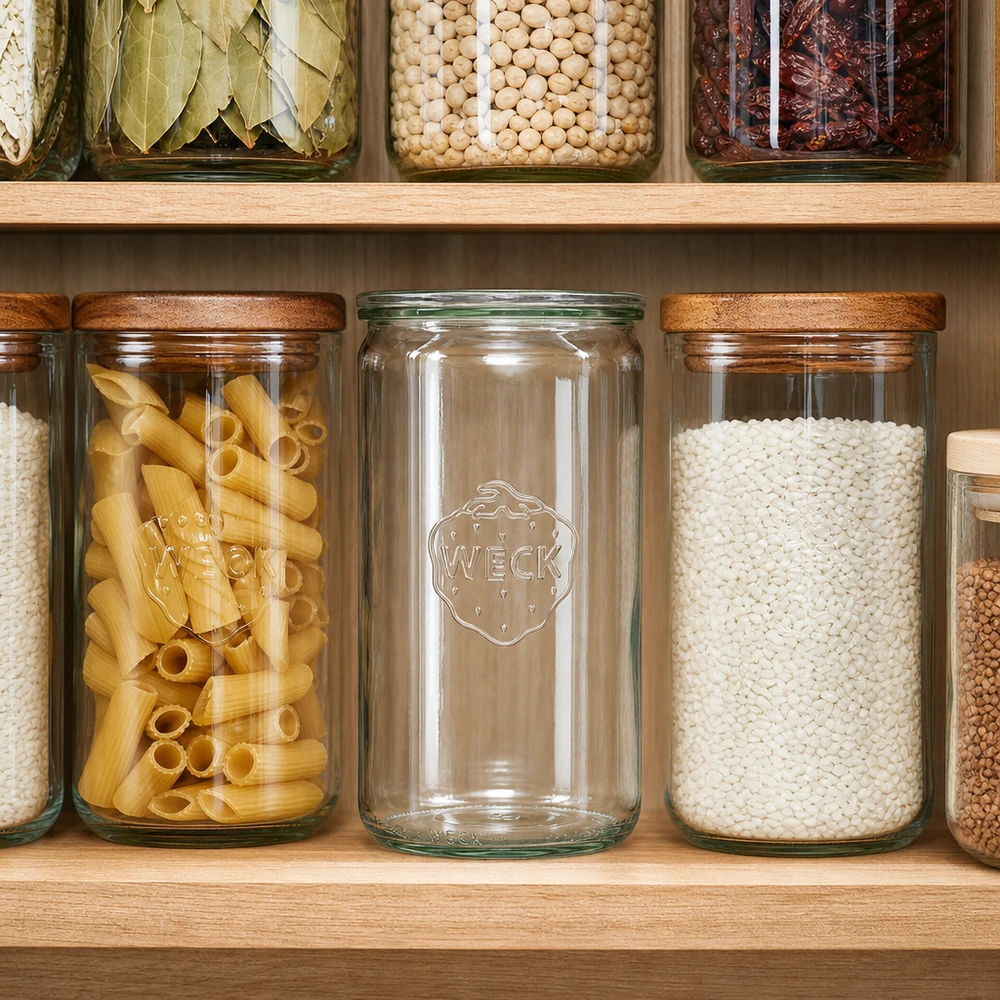 1590ml Zylinderglas mit Glasdeckel WECK RR100 WECK Vorratsglas 1590ml RR100 in organisierter Pantry zwischen Pasta und Reis gefüllt mit Holzregalen