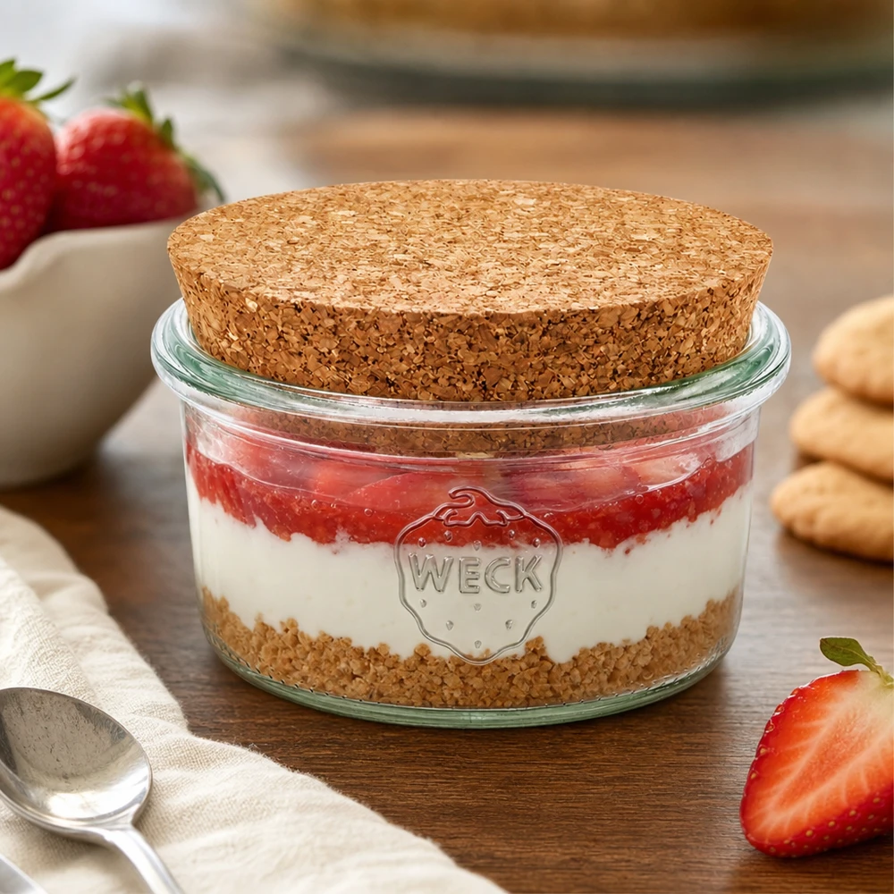 WECK Sturzglas 165ml mit Korkdeckel als Dessertglas für Tiramisu frische Erdbeeren dekorative Küchennutzung