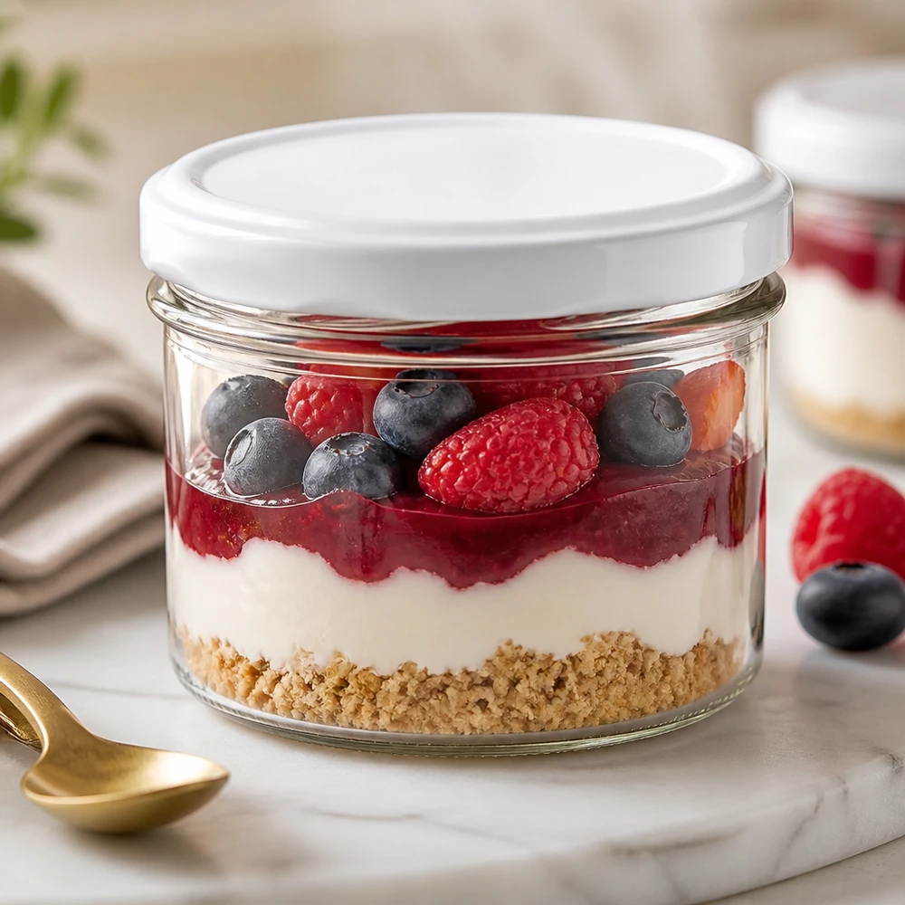 225ml Sturzglas mit BasicSeal Deckel weiß UNiTWIST 225ml Sturzglas als Dessertglas mit Beerenmousse und frischen Früchten zeigt vielseitige Verwendung