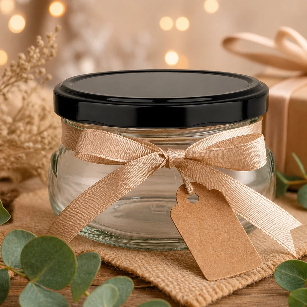 120ml Terrinenglas + BasicSeal Deckel schwarz UNiTWIST 120ml Terrinenglas als Geschenkidee mit beiger Schleife und Anhänger, schwarzer Deckel, festliche Dekoration