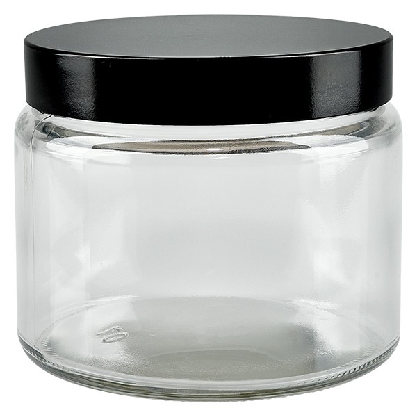 Glastiegel 250ml klar, mit schwarz. Bakelit Deckel Glastiegel 250ml klar, mit schwarz. Bakelit Deckel