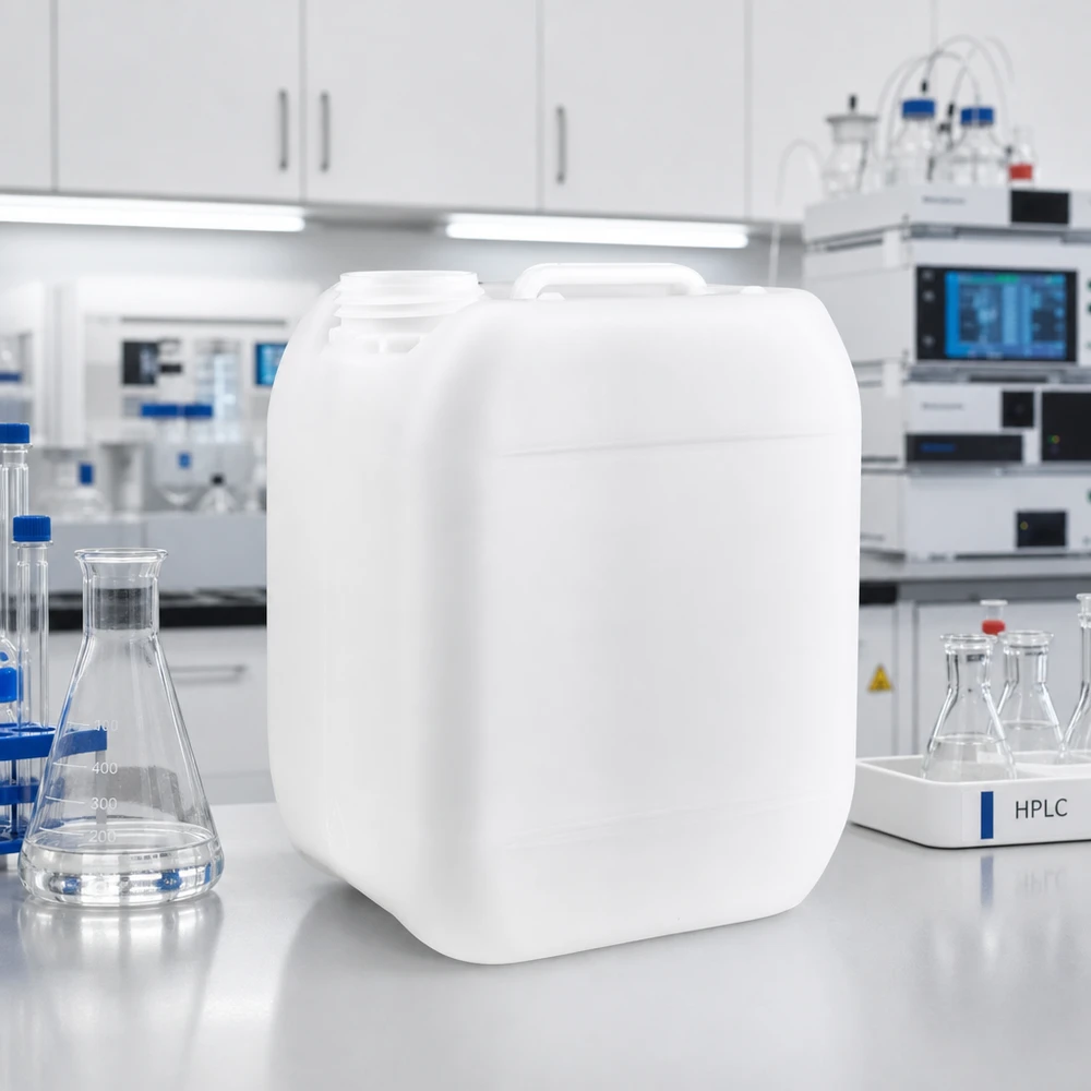 Kanister 5 Liter ohne Verschluss Quadratischer Kunststoffkanister 5L ohne Deckel in modernem Analytiklabor mit HPLC-Anlage