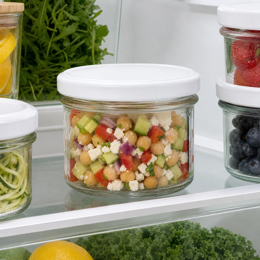 225ml Sturzglas mit BasicSeal Deckel weiß UNiTWIST 225ml Sturzglas im Kühlschrank mit Kichererbsen-Salat gefüllt zeigt ideale Aufbewahrung von Meal Prep