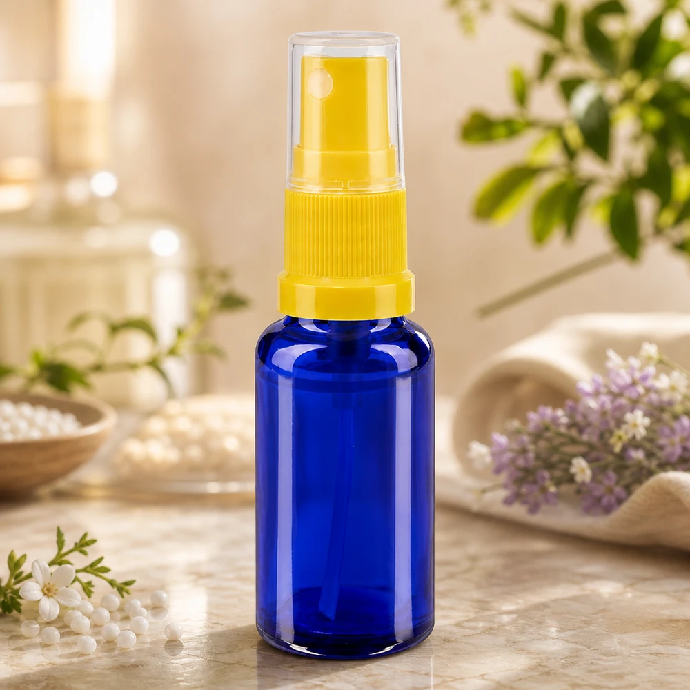 Apothekenflasche blau 20ml Sprayaufsatz gelb Blaue 20ml Flasche mit Zerstäuber für ätherische Öle Aromatherapie und Kosmetik