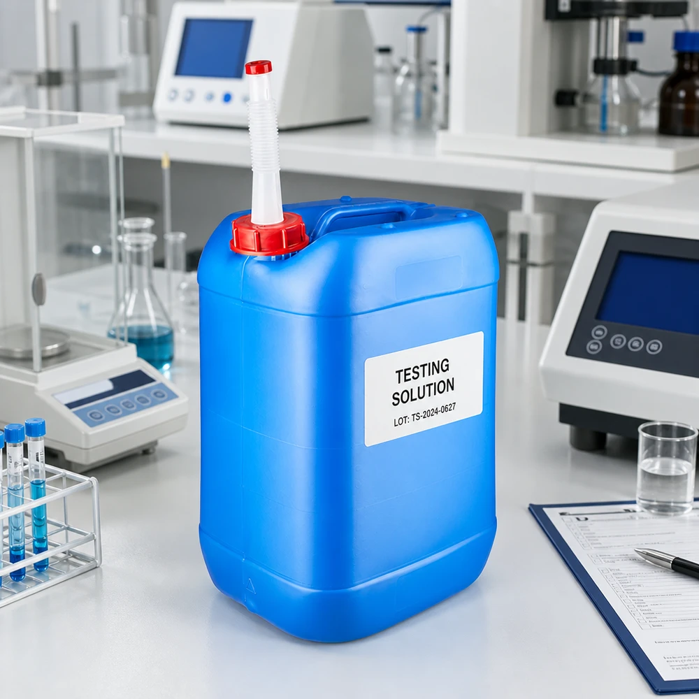Kanister 25 Liter blau mit Auslaufrohr Flex Großgebinde 25 Liter Blaukanister mit Flex-Rohr neben Analysewaage und Laborgeräten