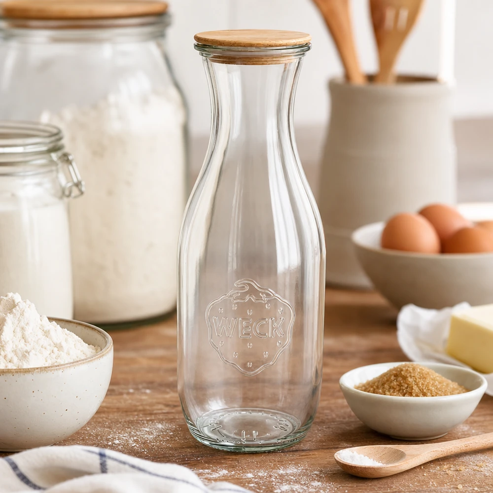 WECK Saftflasche 1062ml mit Holzdeckel auf Küchentisch zwischen Backzutaten wie Mehl Eiern und Butter
