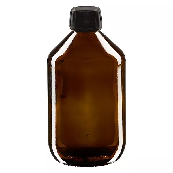 500ml Medizinflasche braun, Verschluss schwarz mit Originalitätsring ApoGlas 500ml Medizinflasche braun, Verschluss schwarz mit Originalitätsring ApoGlas