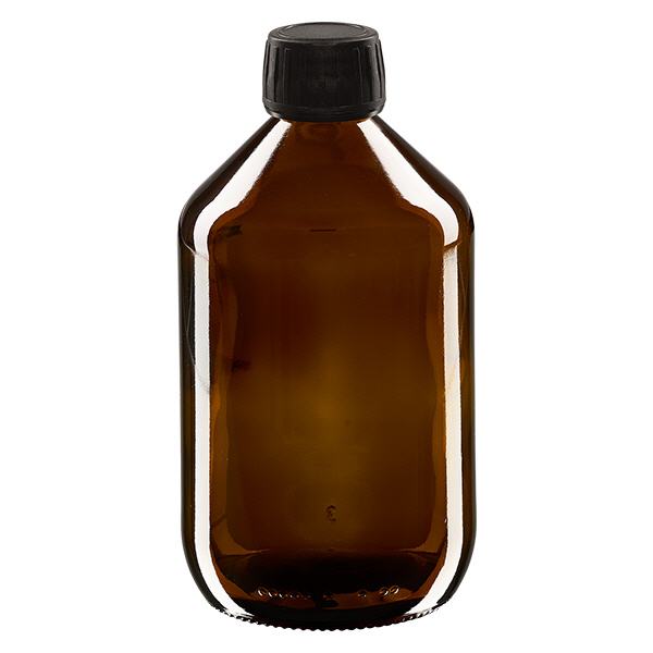 500ml Medizinflasche braun, Verschluss schwarz mit Originalitätsring ApoGlas 500ml Medizinflasche braun, Verschluss schwarz mit Originalitätsring ApoGlas