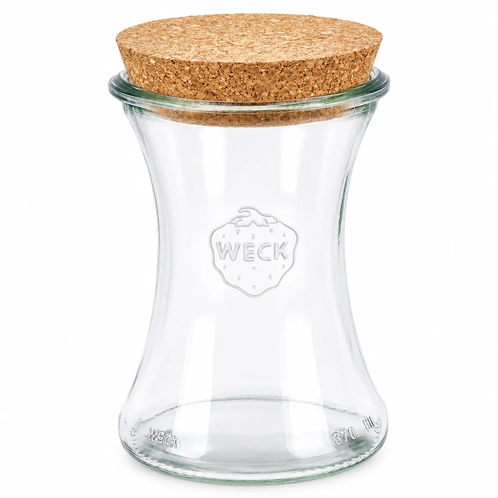 370ml Delikatessenglas WECK RR80 mit Korken natur WECK Delikatessenglas 370ml RR80 mit natürlichem Korkdeckel aus klarem Glas für Vorratshaltung