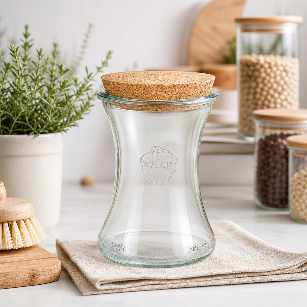 WECK Delikatessenglas 370ml RR80 mit Korkdeckel in moderner Küche zwischen Gewürzen und Kräutern als Deko-Element