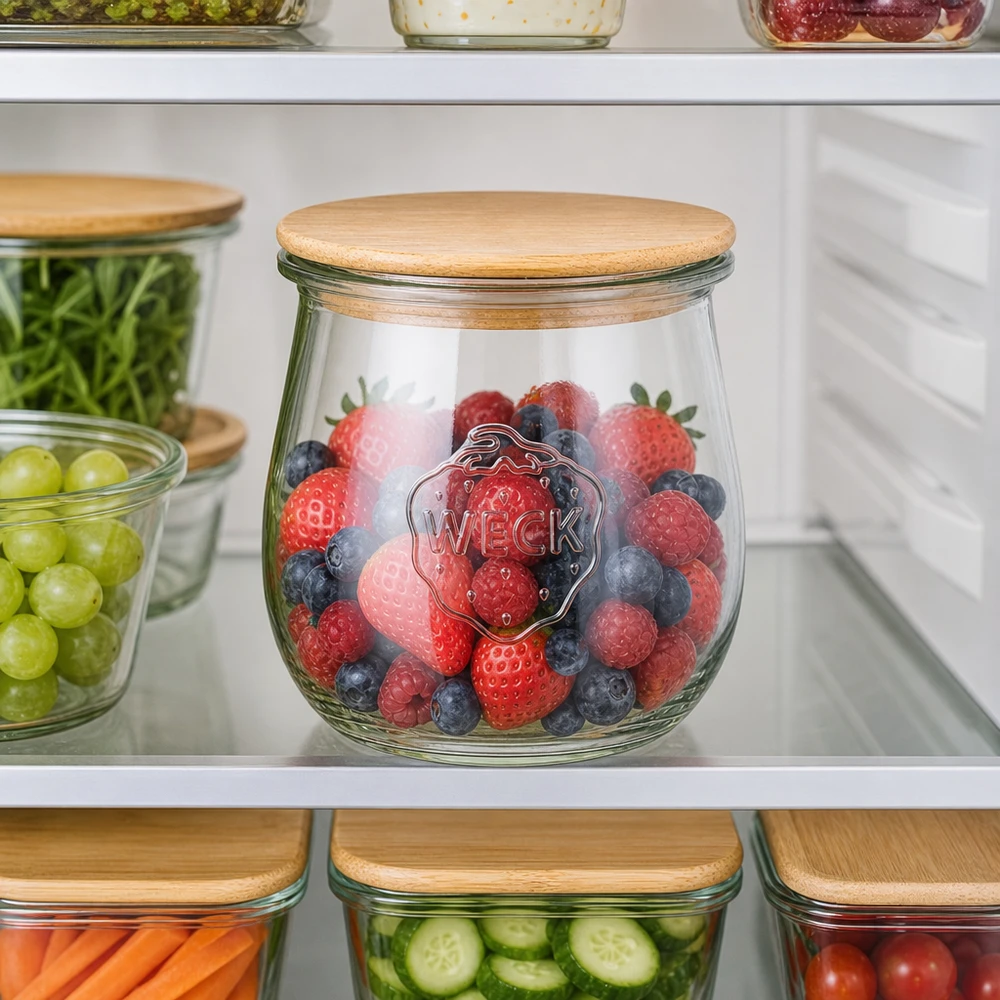 WECK Tulpenglas 220ml im Kühlschrank mit Beeren gefüllt - Vorratsglas RR60 mit Holzdeckel für frische Lebensmittel