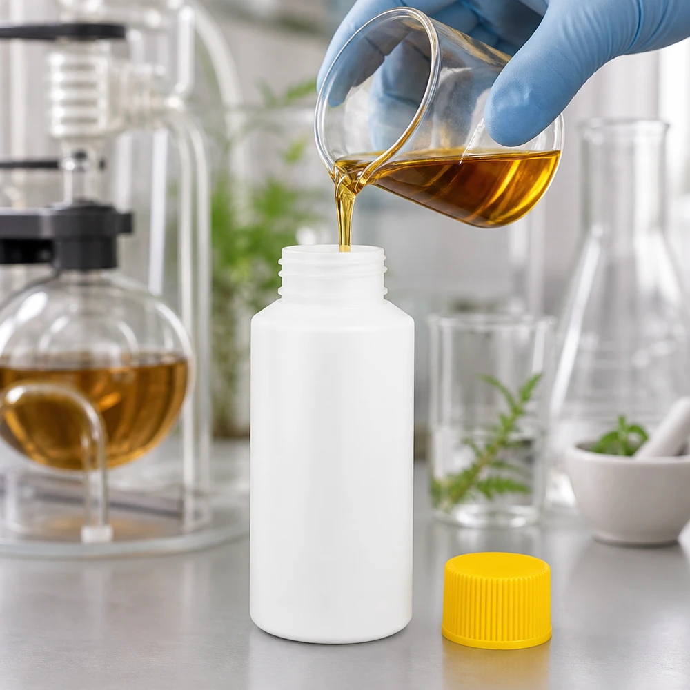 Apothekenflasche HDPE 30ml weiß, mit gelbem Schraubverschluss Laborabfüllung in weiße HDPE Enghalsflasche 30ml gelber Verschluss liegt daneben