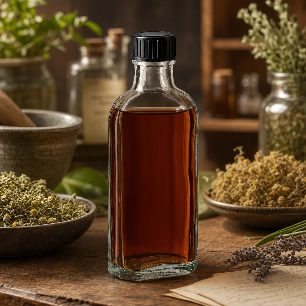 Rechteckige klare Glasflasche 100ml mit braunem Kräuterextrakt und schwarzem EPE-Schraubverschluss