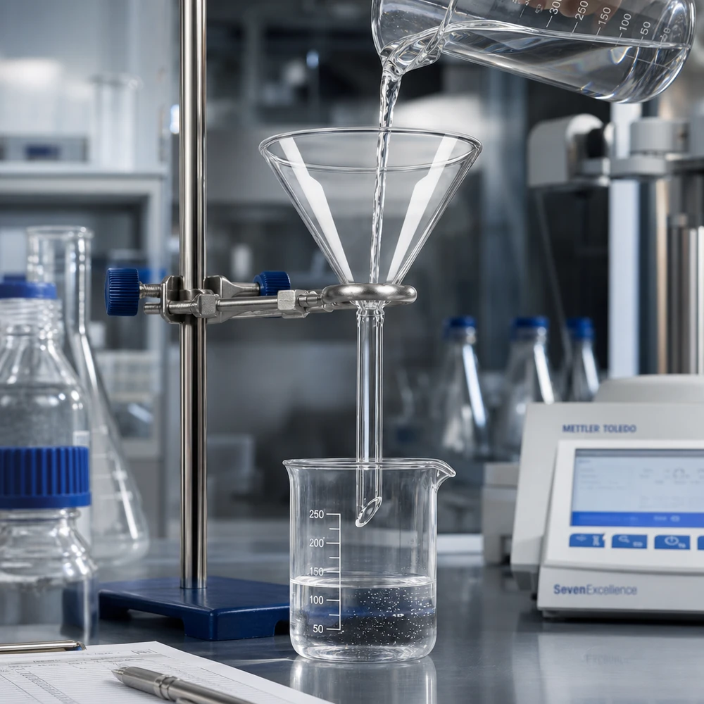 Trichter ø70mm Kalk-Soda, Winkel 60°, Kurzstil Präzisions-Glastrichter 70mm mit kurzer Auslaufspitze für tropffreies Arbeiten in der Analytik