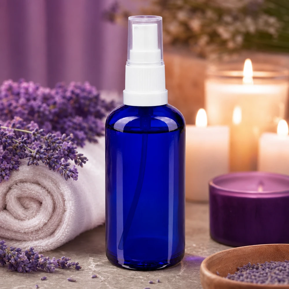 Apothekenflasche blau 50ml Sprayaufsatz weiß Kleine blaue Glassprayflasche 50ml mit weißem Pumpzerstäuber für ätherische Öle