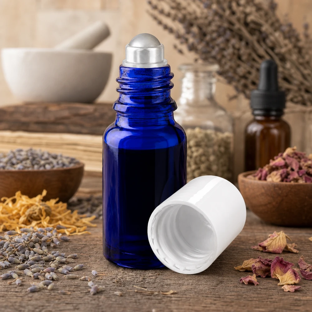 Apothekenflasche blau 10ml Roll-On Verschluss weiß Blaue Apothekerglas Roll-On Flasche 10ml mit weißem Deckel in naturnaher Aromatherapie-Umgebung
