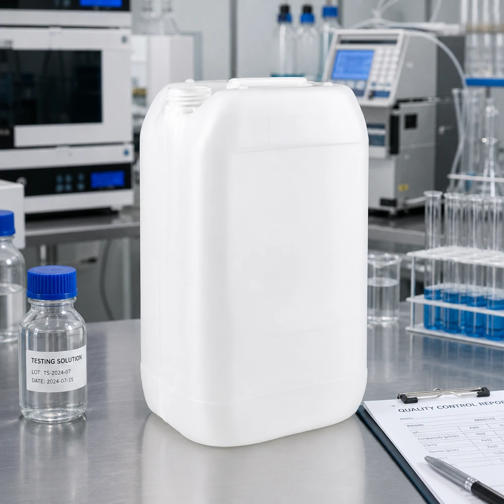 Stapelbarer weißer Industriekanister 15 Liter ohne Verschluss in professioneller Laborumgebung