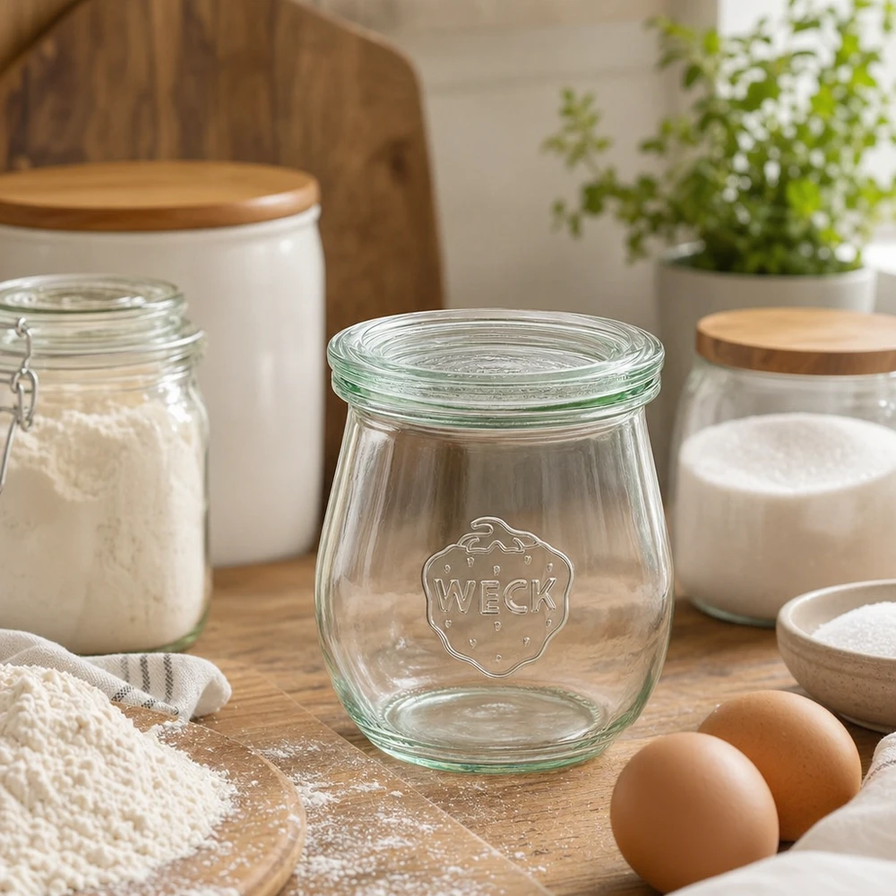 220ml Tulpenglas mit Glasdeckel WECK RR60 WECK Tulpenglas 220ml RR60 leer in moderner Küche mit Kochzutaten Eiern Mehl und Küchenausstattung aus Holz